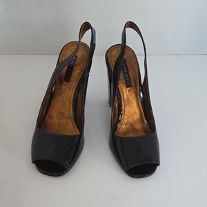 Nine West Black Patent Peep-Toe Slingback Heels - 4 Inch Lucite Heel Tortoise